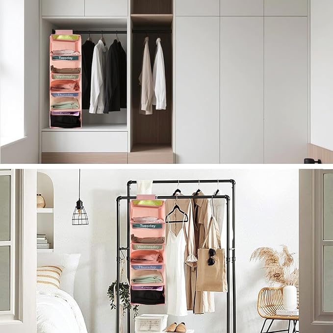 5-Shelf Weekly Clothes Organizer for Kids, Collapsible Hanging Closet Shelves, Baby Closet Organizers and Storage with 6 Side Pockets, Daily Clothing Divider for Boys and Girls (Pink)