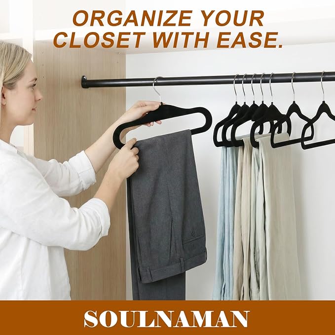 Velvet Pants Hangers,10 Pack Thin Space Saving Clothes Hanger, Non Slip Felt Pants Hangers for Pants Bra Jeans Tank Top(Black)