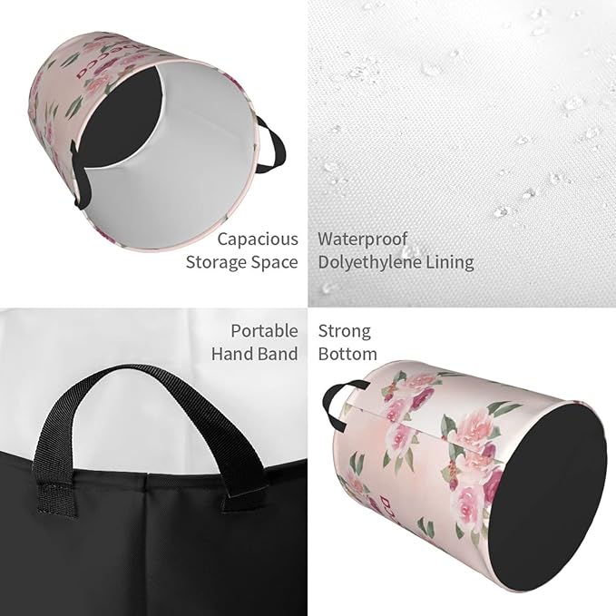 Pink Floral Pattern Customized Laundry Basket with Name Collapsible Waterproof Organizer Bin Laundry Hamper with Handle for Clothes Toys Bedroom.