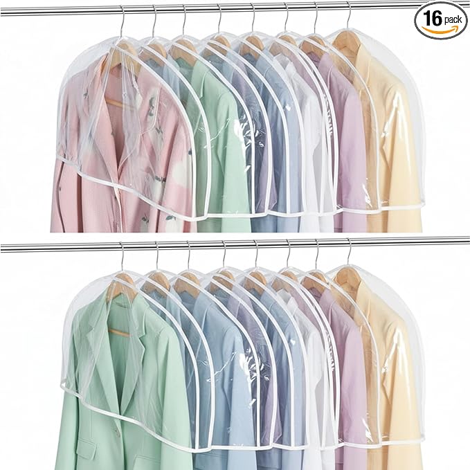 Patelai 16 Pcs 2" Gusseted Shoulder Covers for Hanging Clothes 24" Length x 12" High Plastic Hanger Garment Dust Covers Breathable Protectors for Closet Storage Suit, Coats, Jackets (Clear)