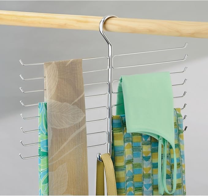 mDesign Metal Closet Rod Hanging Accessory Storage Organizer Rack for Scarves, Ties, Yoga Pants, Leggings, Tank Tops - Snag Free, Geometric Design, 16 Arms/1 Hook - Spira Collection - Chrome