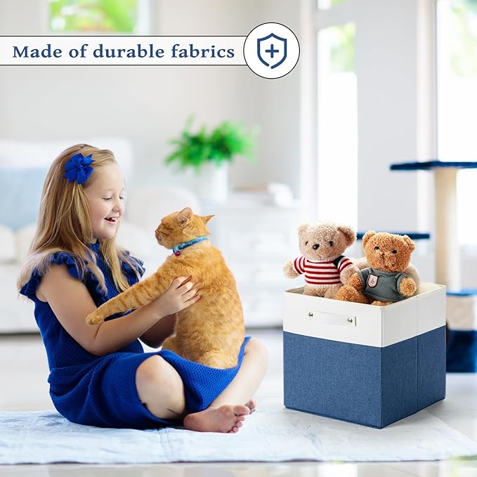 13 x 13 Inch Fine Linen Storage Bins with Handles，Fabric Cube Boxs，Basket Organizers for Shelves for Home, Closet Drawers (White/Blue-6 Pack)