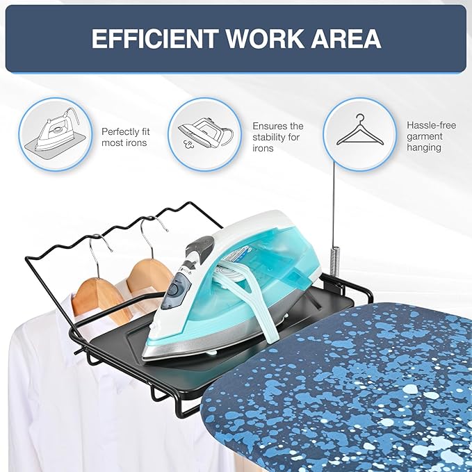 APEXCHASER Ironing Board Full Size with Iron Rest, Metal Panel Iron Board, Heat & Scorch Resistant Cover, Adjustable Height Heavy Duty Ironing Board with Germent Rack, for Home, Dorm, 15x45 Blue