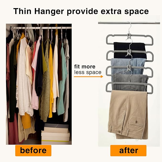 60sets/120pcs Velvet Pants Hangers Non Slip Grey Felt Hangers with 60 Cascading Hooks, Space Saving 360 Degree Swivel Hook Closet Organizer for Jeans, Trousers, Leggings, Tank Top, Shorts and Skirts