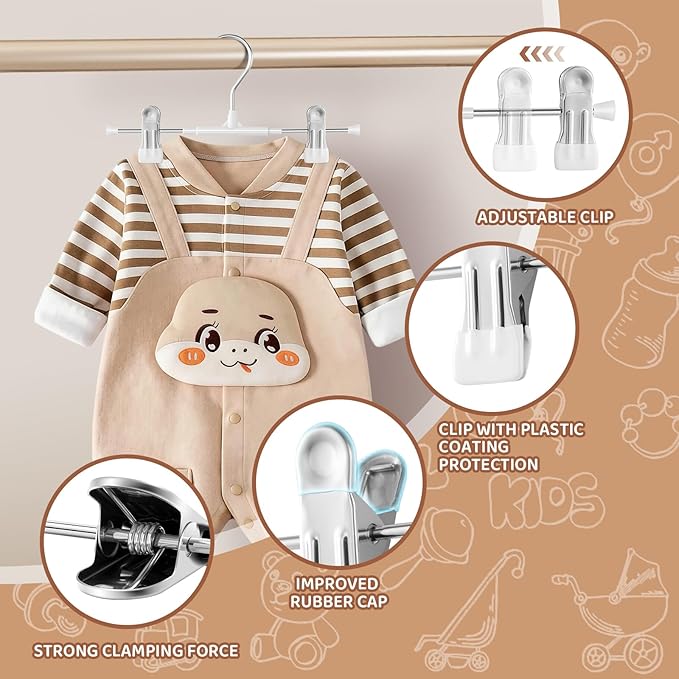 HUADYMEET 30 Pack Baby Pants Skirt Hangers,Non-Slip Space Saving Clothes Hangers with Clips for Kids,Children,Toddler,Jeans Trousers Shorts Metal Hanger for Closet Organization,Women,Men10inch(White)
