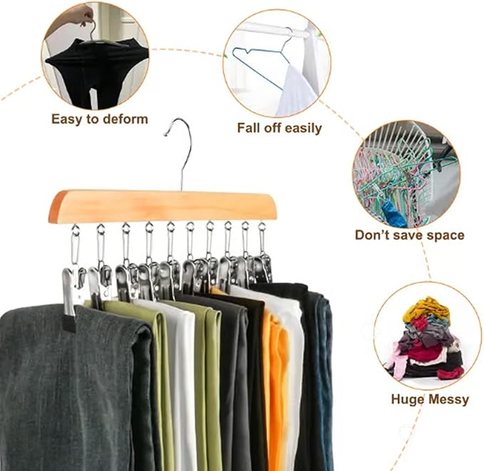 Closet Organizer with 10 Clips - Space Saving Hanging Closet Organizer, Legging Organizer for Closet Hanging, Pants Scarf Hangers with Clips (Wood)