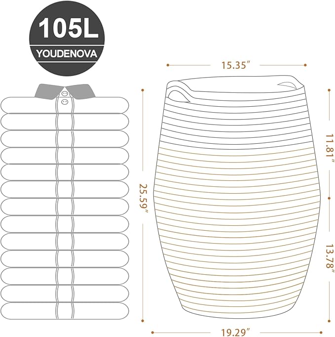 Cotton Rope Laundry Hamper by YOUDENOVA, 105L - Woven Collapsible Basket Clothes Storage for Blankets, Room Organizing, Bedroom Storage, – Brown & White