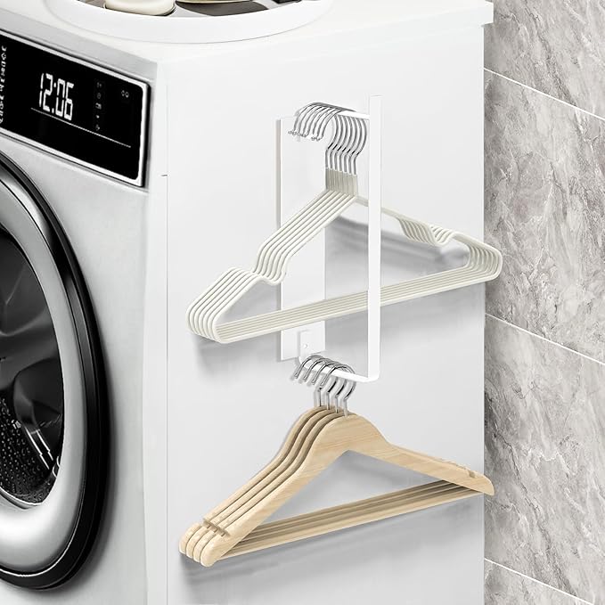 Magnetic Hanger Holder for Laundry Room, Space-Saving Hanger Organizer for Washing Machine Dryer, Holding up to 40 Velvet Wire Plastic Hangers (1, White)