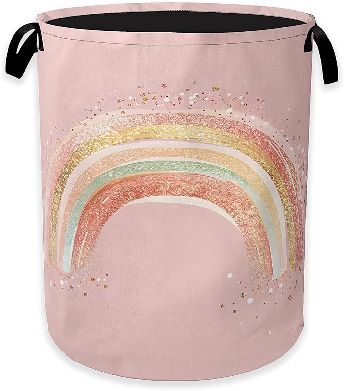 Glitter Rainbow Laundry Hamper,Girls Princess Pink Clothes Hamper for Laundry,Waterproof Oxford Toy Storage Collapsible Hampers for Bedroom, Dorm Room,Bathroom,16x20 Inch