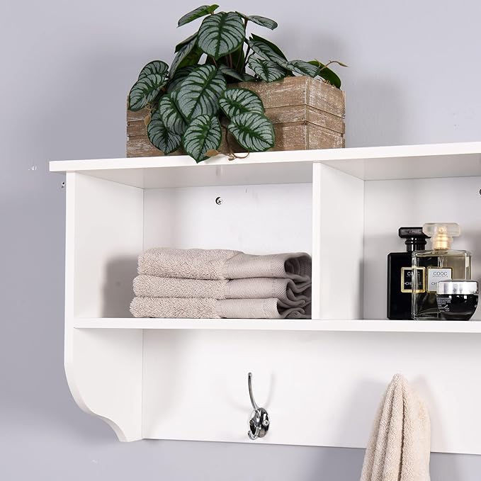 Elegant White Wooden Wall-Mounted Coat Rack with Shelf - Entryway Organizer with 4 Dual Hooks - Modern Storage Display for Home Decor, Plants, Photos - MDF Construction - 39"x8"x14"