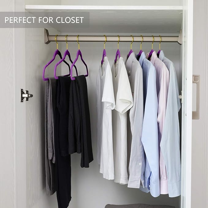 MIZGI Premium Velvet Hangers Pack 50 Pcs Heavyduty - Non Slip Slimline - Velvet Suit Hangers Dark Purple - Gold Hooks,Space Saving Clothes Hanger