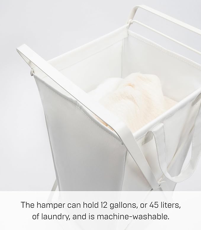 Yamazaki Home Tower Laundry Hamper Clothes Basket With Cotton Liner - Small, 25.2" - Steel + Cotton - 12 Gallons, 45 Liters