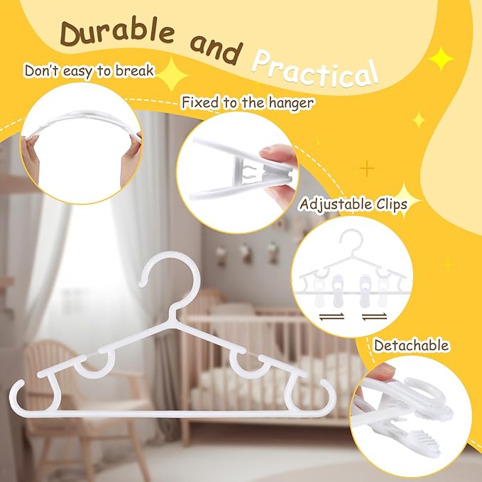 Hsei 5/10/40 Pack Baby Hangers with 10/20/80 Clips, Plastic Kids Pants Hangers for Nursery Closet Top and Bottom Clothes Hanger Set for Newborn Infant Toddler(30 Packs Total,White,10.6 Inch)