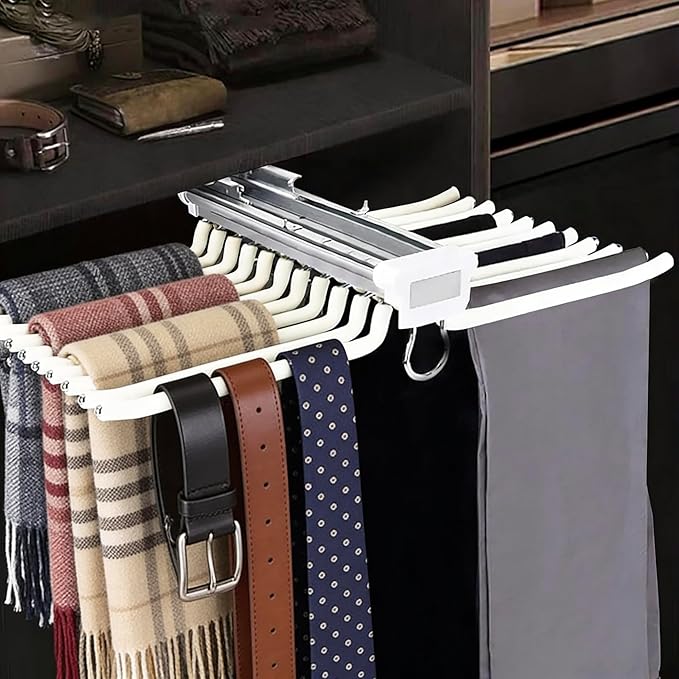 22 Arms Steel Slide Out Pants Rack Closet Pants Hanger Bar Pull Out Trousers Rack Tie Belts Scarf Racks, Top Mounted Wardrobe Clothes Organizers Rail Pull Out Closet Storage Rod-Beige