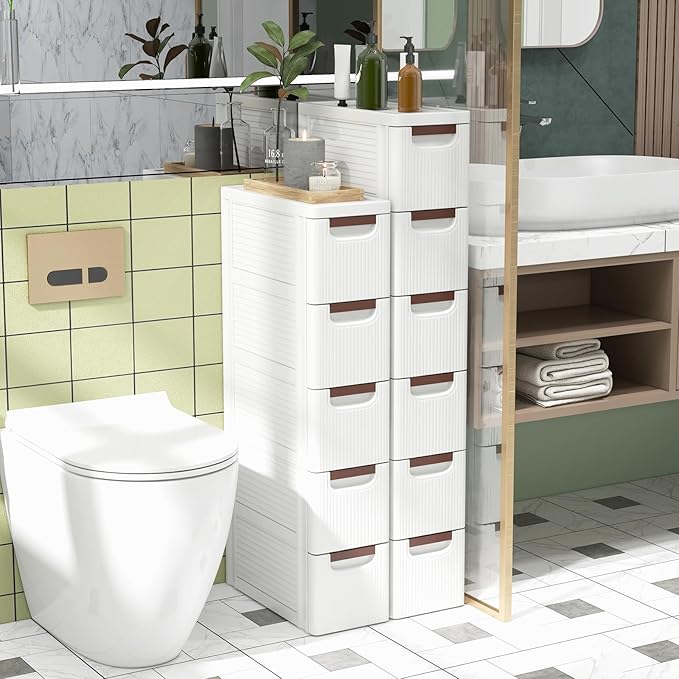 LOKO 6-Drawer Narrow Storage Cabinet, Slim Rolling Cart, Mobile Plastic Cart Container with Pull Handles, Built-in Wheels, for Living Room, Kitchen, Bathroom, Office (7.5"x16.5"x43" (6 Drawer))