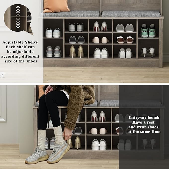 Hall Tree with Bench and Shoe Storage, 53" Farmhouse 4-in-1 Mudroom Storage Organizer with Coat Rack, 6 Hooks, 12 Shoe Cubbies, Adjustable Shelf, for Entryway, Hallway, Living Room, Grey