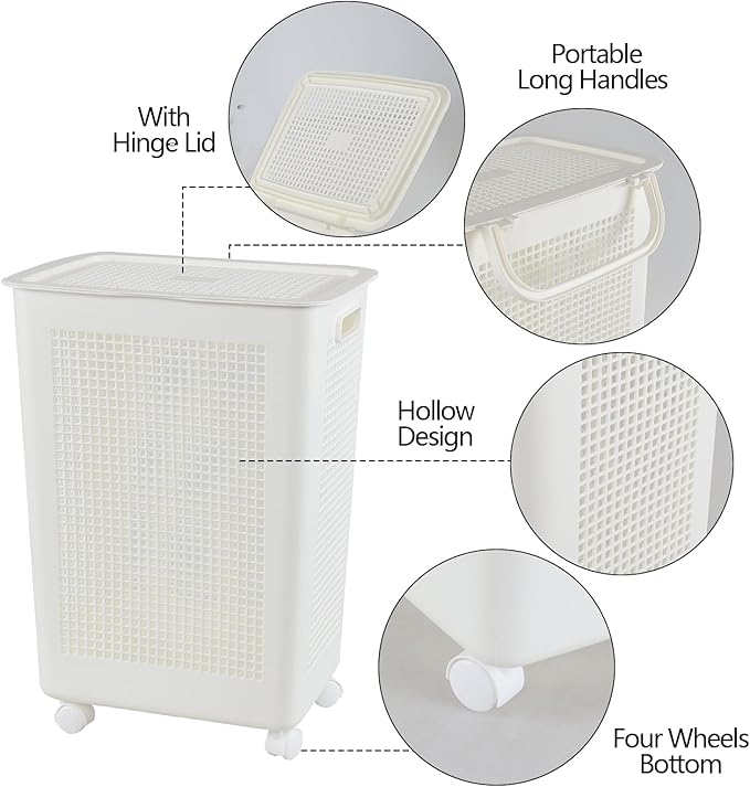 4-Pack 65 L Plastic Slim Laundry Hamper with Lid, Wheels and Pull Handles, Large Tall Laundry Basket, White