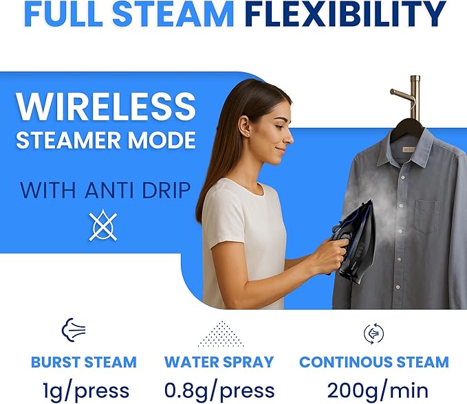 Xabitat Luxury Cordless Iron | 1500W Steam Iron | Anti Drip | Thermal Protection Technology | Nonstick Ceramic Soleplate | 2-in-1 Cord/Cordless | Adjustable & Vertical Steam Controller | Auto Shut-Off