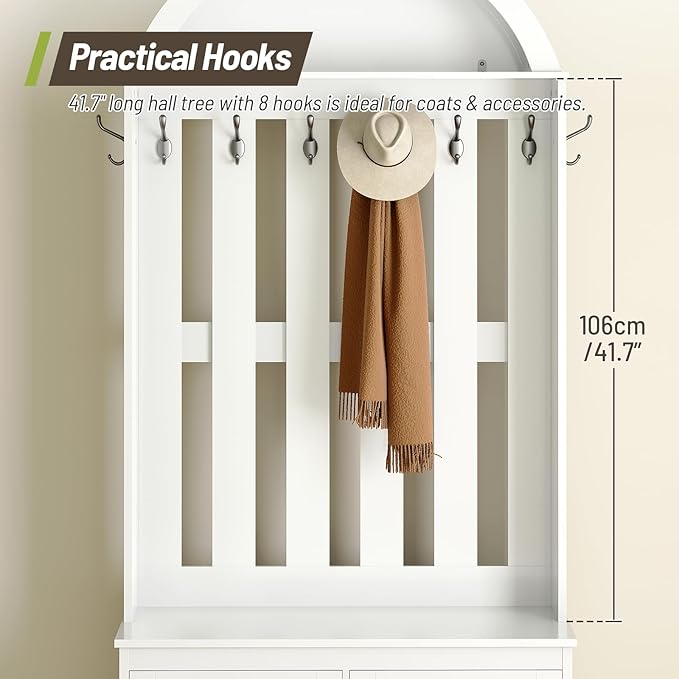 Hall Tree with Bench, Coat and Shoe Rack Entryway, Arched Entryway Organizer with 8 Hooks, Coat Rack with Shoe Bench and 2 Drawers for Hallway, Mudroom, Entryway, White