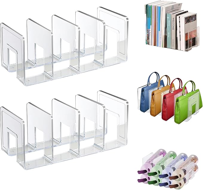 Lemical Clear Acrylic File Sorter 2 Pack Handbag Clutch Purse Organizer Acrylic Shelf Divider Drawer Organizers for Clothes Pouch Notebooks Stand Bookshelf Cooking Utensil (2Pack-4Sections)