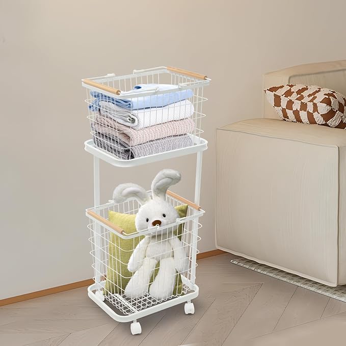 2 Tiers Metal Laundry Basket with Wheels, Removable Wire Laundry Baskets With 4 Universal Wheels Rolling Laundry Basket Floor Standing, Load Bearing Capacity of 88.18 lbs