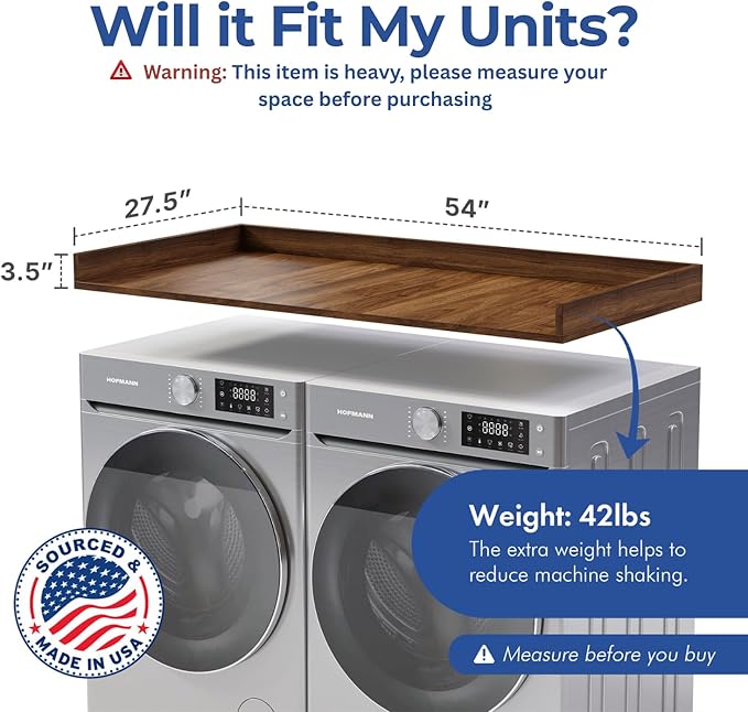 OfficeSimpli Washer Dryer Countertop, Made in USA, Non-Slip Pads, Laundry Room Wood Topper, Washer Dryer Cover for Top, Laundry Countertop, Laminate Finish (California Walnut, Standard (27.5" x 54"))