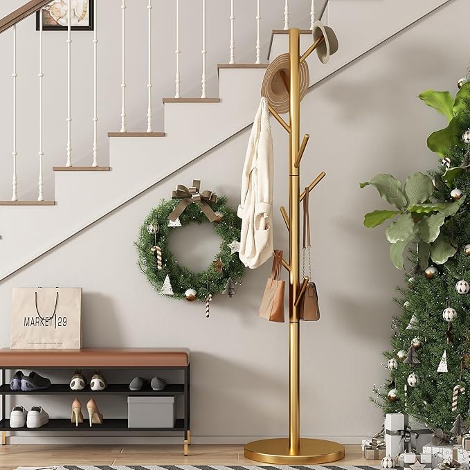 Coat Rack Freestanding Metal Coat Rack Stand with 8 Hooks Sturdy Heavy Duty Modern Coats Tree for Bags Clothes Hall Tree Hats Hanger Holder Stand for Entryway Bedroom Hallway Office, Gold