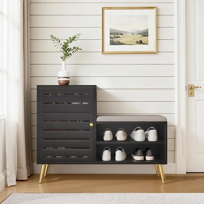 VECELO Shoe Storage Bench with Door&Shelf, Entryway Bench with Seat Cushion, for Hallway, Bedroom, Living Room, L-Shaped, Black