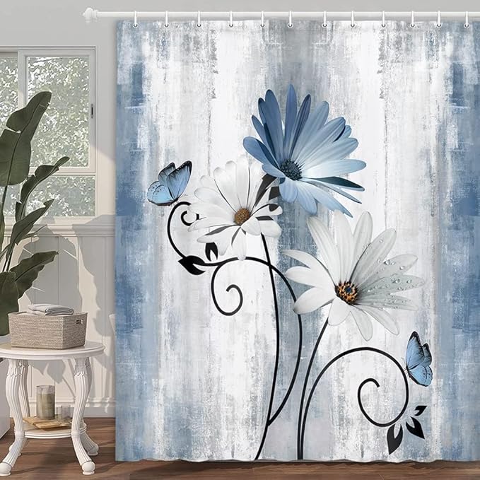 4PCS Rustic Blue Flower Farmhouse Shower Curtain Set,Waterproof Blue Daisy Floral Bathroom Decor Accessory Set