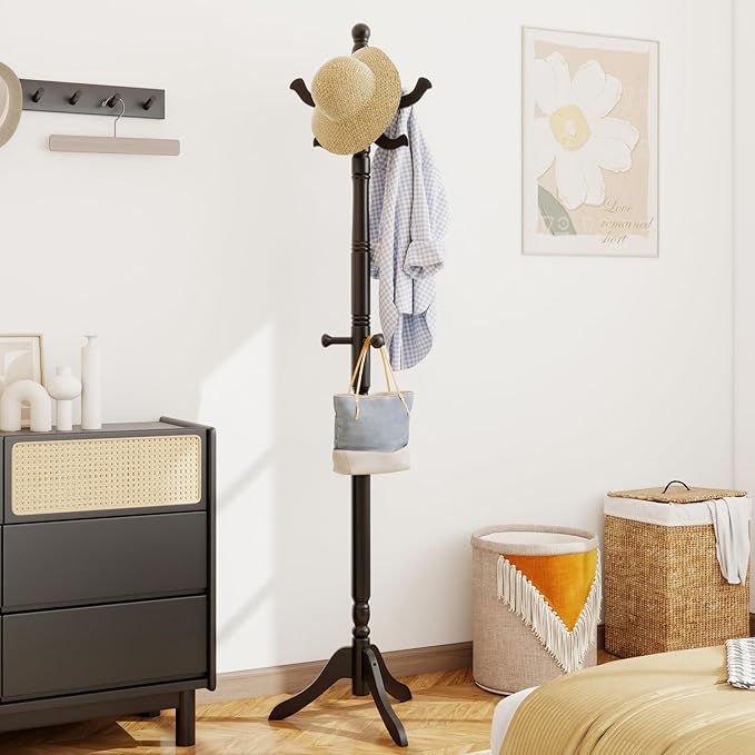 Giantex Solid Wood Coat Rack, Freestanding Hall Tree with 3 Adjustable Heights and 11 Hooks, Rubber Wood Frame, Entryway Hanger Stand, Wooden Garment Rack for Hallway, Living Room (Black)