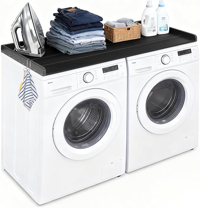 HDPE Washer Dryer Countertop, 54” x 27” No-Installation Laundry Countertop for Folding Clothes, Waterproof Washer and Dryer Topper with Raised Edge, Non-Slip Pads & Hooks (Black)