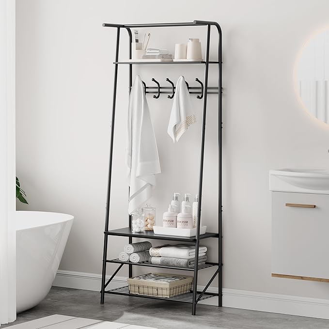 Coat Rack Shoe Bench with Single-Row 5 Hooks 60cm Width, 3-Tier Shelf Entryway Hall Tree with Storage, Metal Frame Multifunctional Organizer, 4-in-1 Coat Rack for Bathroom, Hallway.Black.