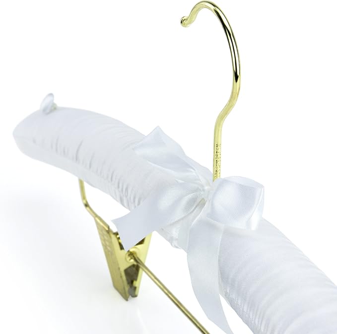 HANGERWORLD Pack of 5 White Satin Padded Hangers with Clips for Skirts, Pants & Sweaters with Non-Slip Buttons, Pretty Hanger for Women Clothing - 17 Inch