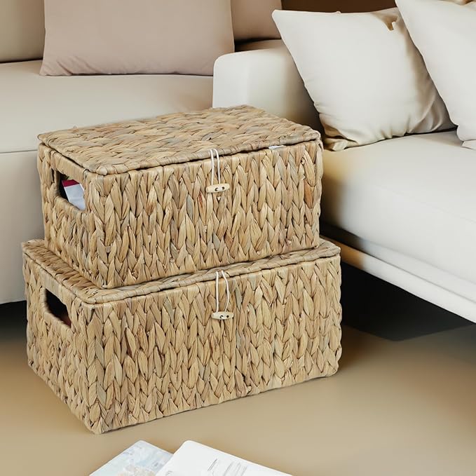 Set of 2 Wicker Basket with Lid, Rectangular Water Hyacinth Storage Baskets for Organizing, Decorative Woven Basket Bins Boxes for Organizing Home