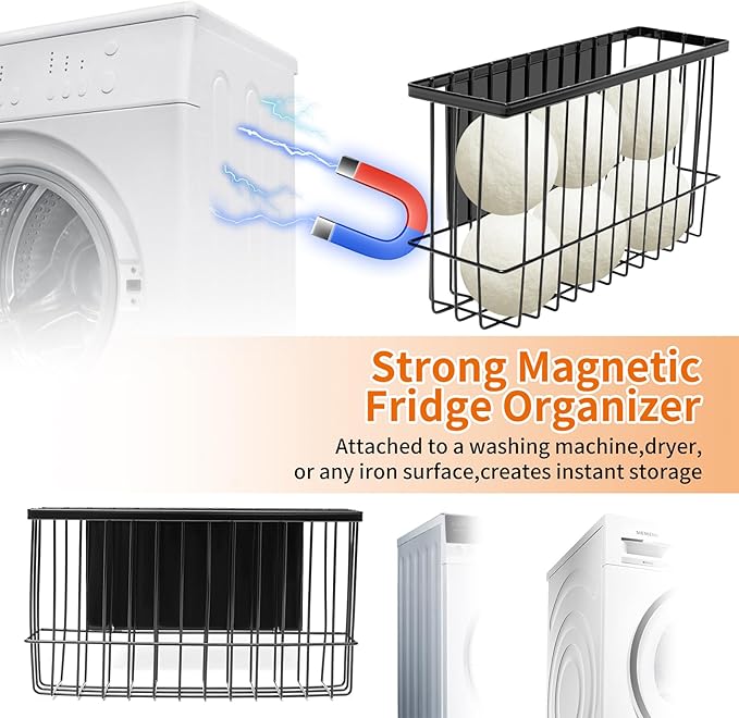 Magnetic Dryer Ball Holder for Laundry Room, Magnetic Lint Bin Basket Organization Storage, Iron Built-in Magnet Dryer Ball Basket Fridge Container for Laundry Room Storage Organizer
