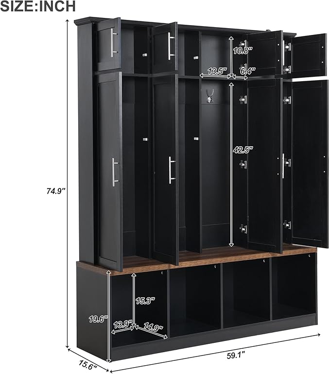 Multi-Functional Hall Tree with 4 Hidden Hanging Hooks, Brown Wood Grain Bench with Multiple Storage Space, Entryway Cabinet with Open Compartments for Living Room, Hallway (Black-15.6)