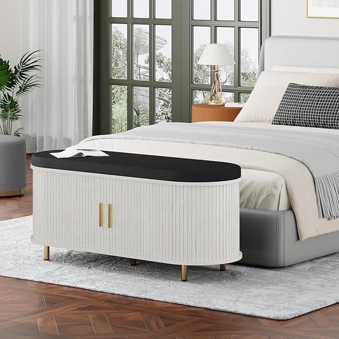 Entryway Bench with Storage: 43.31" Wooden Bedroom Shoe Bench with Thickened Padded Seat Cushion, Mid Century Modern Fluted Sliding Door and Adjustable Shelf, for Entryway, Living Room