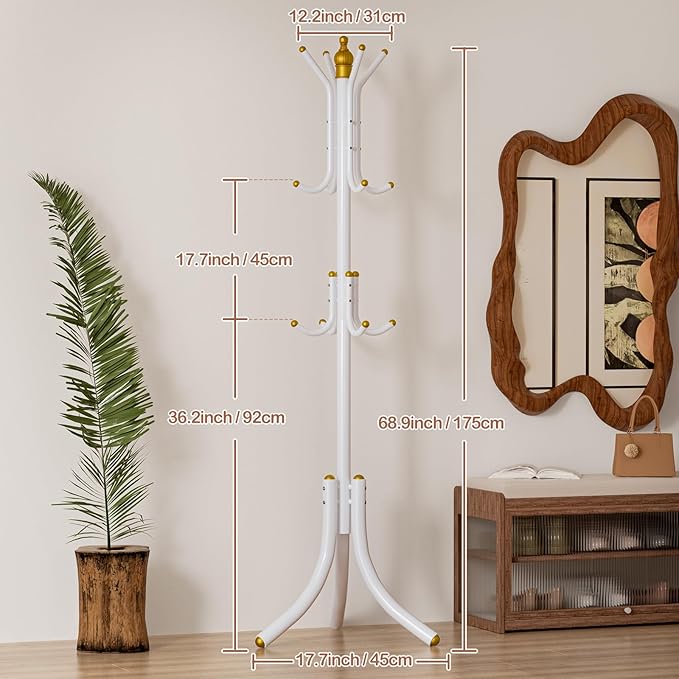 Free-Standing Coat Rack Metal Stand Hanger 12-Hooks Organizer, Hall Tree Entry-Way Furniture for Hanging Up Jacket, Hand-Bag, Cloth, Hat, Winter Scarf Holder for Home or Office Floor White