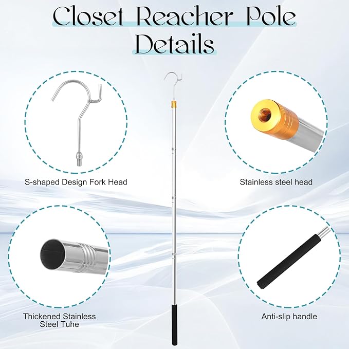 Clothes Hook Pole, Adjustable from 28 inches to 74 inches, Sponge Handle,Pick up Clothes from high Places,Closet Coat Rack Hook Rod, Used for Blinds Closets Ceilings, Strong Yet Lightweight.