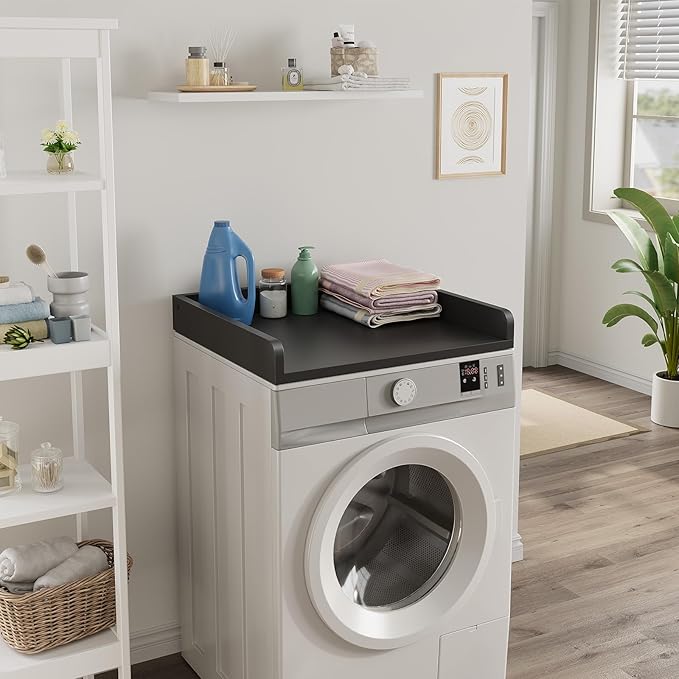 Washer Dryer Countertop, 27.5" D x 27.5" W x 3.2" H, Countertop for Washer and Dryer with Non-Slip Pads and Round Corner Edge Rails, Laundry Room Organization(Black)