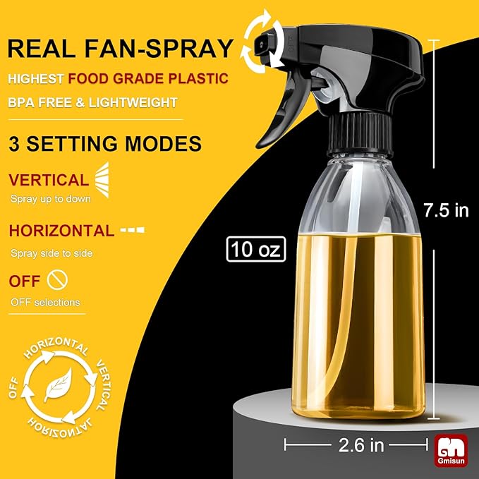 gmisun Oil Sprayer for Cooking, 4 Pcs Food-Grade Plastic Olive Oil Spray Bottle, 10 Fl Oz Oil Spritzer Mister, Refillable Oil Dispenser for Avocado, Olive, Coconut Oils, Vinegars, Kitchen Cleaner