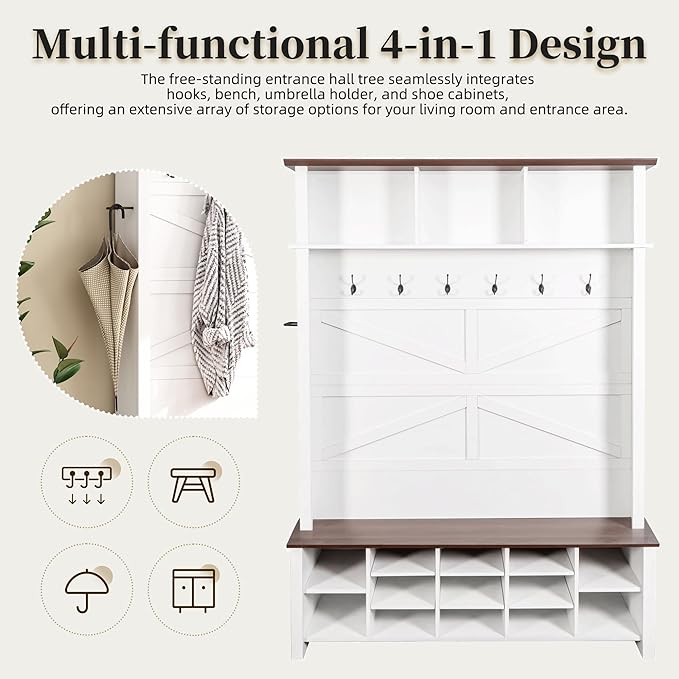 Merax Farmhouse Wood Hall Tree with 6 Hooks and Entryway Shoe Bench, 4-in-1 Coat Rack with 16 Open Compartments & Adjustable Shelves, for Entrance, Hallway, Mudroom, White