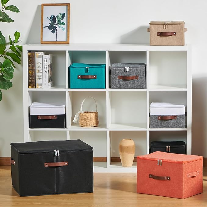 Storage Bins with Zipper Lid Cotton Linen Fabric Lidded Storage Baskets Boxes Foldable Washable Closet Shelf Clothes Organizer Container with PU Leather Handles (Deep Blue, Small)