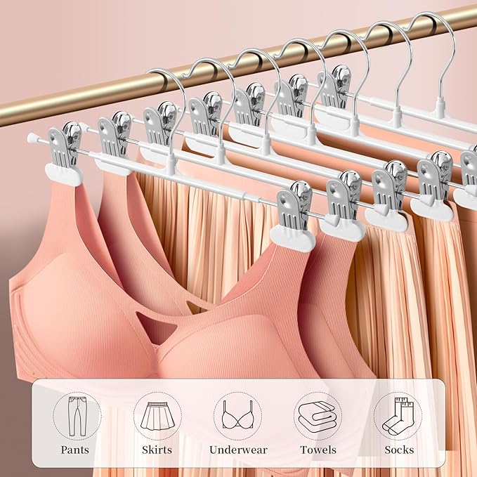 14Inch Clothes Pants Hangers with WideClips 10 Pack,Non-Slip Adjustable Skirt Hanger for Women,Space-Saving Heavy Duty Men Hangers for Pants,Trousers,Jeans,Shorts,White