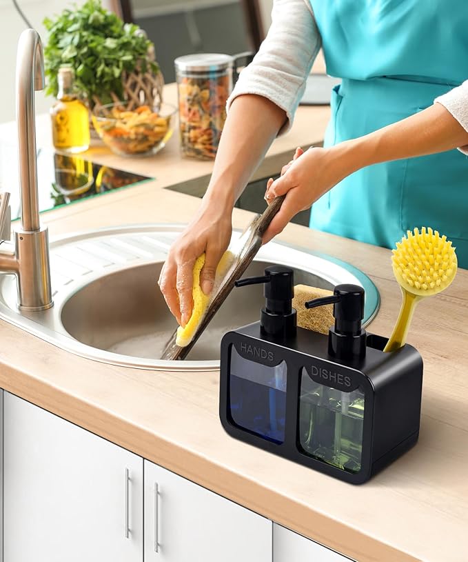 Kitchen Hand Soap and Dish Soap Dispenser Set, Dual Soap Dispenser with Sponge Caddy and Brush Holder 4-in-1 Organizer for Kitchen Sink Countertop, Useful Kitchen Gadgets - Black