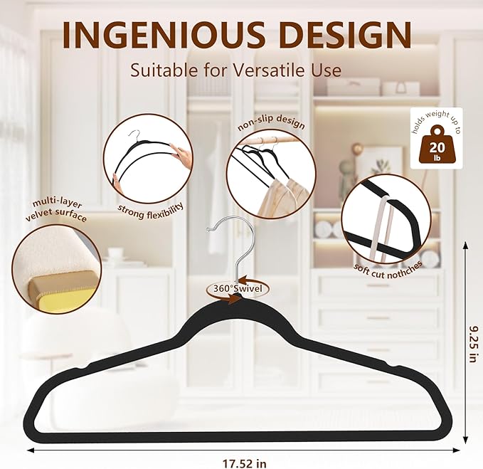 Velvet Hangers 50 Pack, Felt Hangers Clothes Coat Hanger Velvet with 360° Swivel Hook Slim Space Saving Non Slip Heavy Duty for Closet Organizer Pants Shorts Suits Shirt Dress, Charcoal Black
