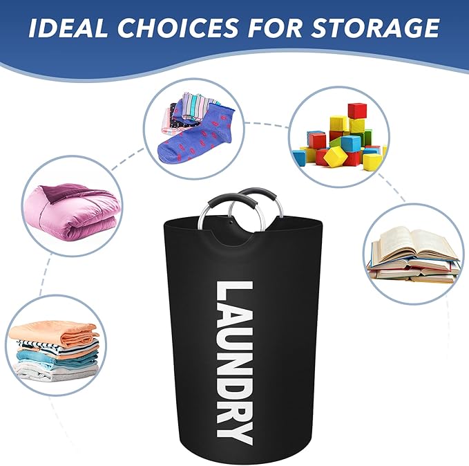 75L Large Laundry Basket, Freestanding Waterproof Laundry Hamper, Collapsible Folding Tall Clothes Hamper, Easy Carry with Foam Protected Aluminum Handles for Dorm, Family, Travel (Black)