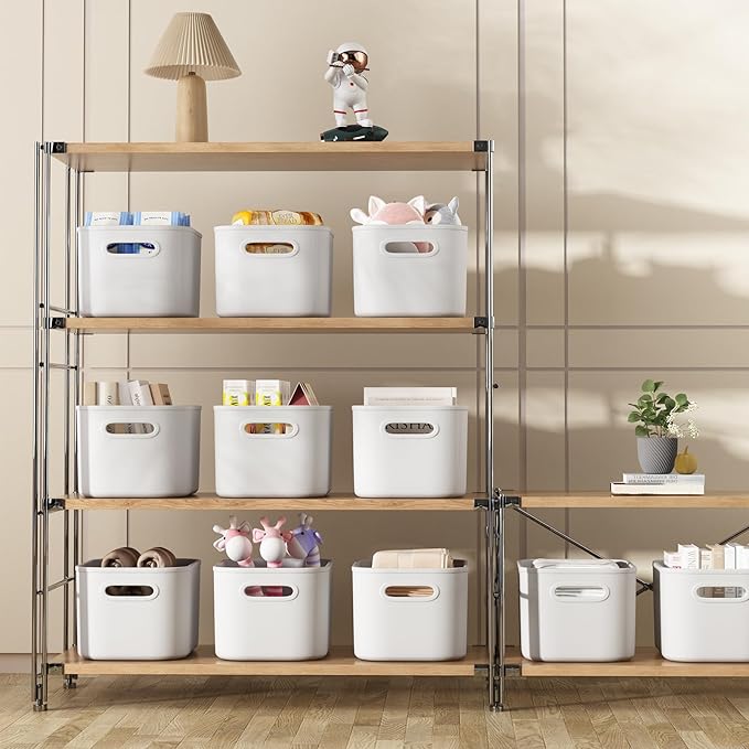 8 Pack White Storage Bins with Lids for Shelves, White Storage Containers with Lids for Organizing, Storage Box with Handle, Stackable White Plastic Bin for Classroom, Craft, Snacks