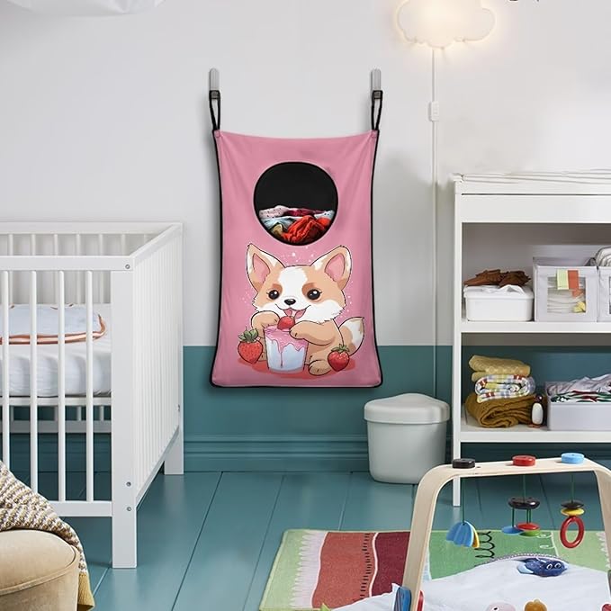 ZFRXIGN Strawberry Corgi Hanging Laundry Hamper Pink Laundry Bag Washable Dirty Hamper for Clothes Large Laundry Basket Toys Storage Organizers for Home Bedroom Bathroom Durable