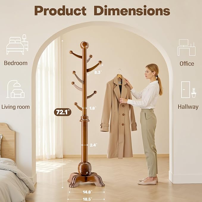 Hall Tree, Freestanding Wood Tree Rack with 7 Hooks, Coat Rack with Stable Sphere Base, Wooden Coat Rack Stand, Load 210 lb, Coat Hanger Stand for Entryway, Hallway, Bedroom (Natural)